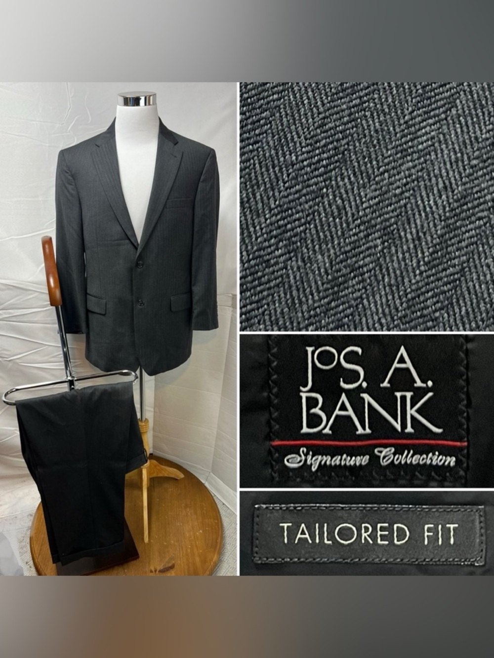Jos A Bank Men’s 43R Blazer 37X28 Pants Gray Herringbone Wool Tailored Fit Suit